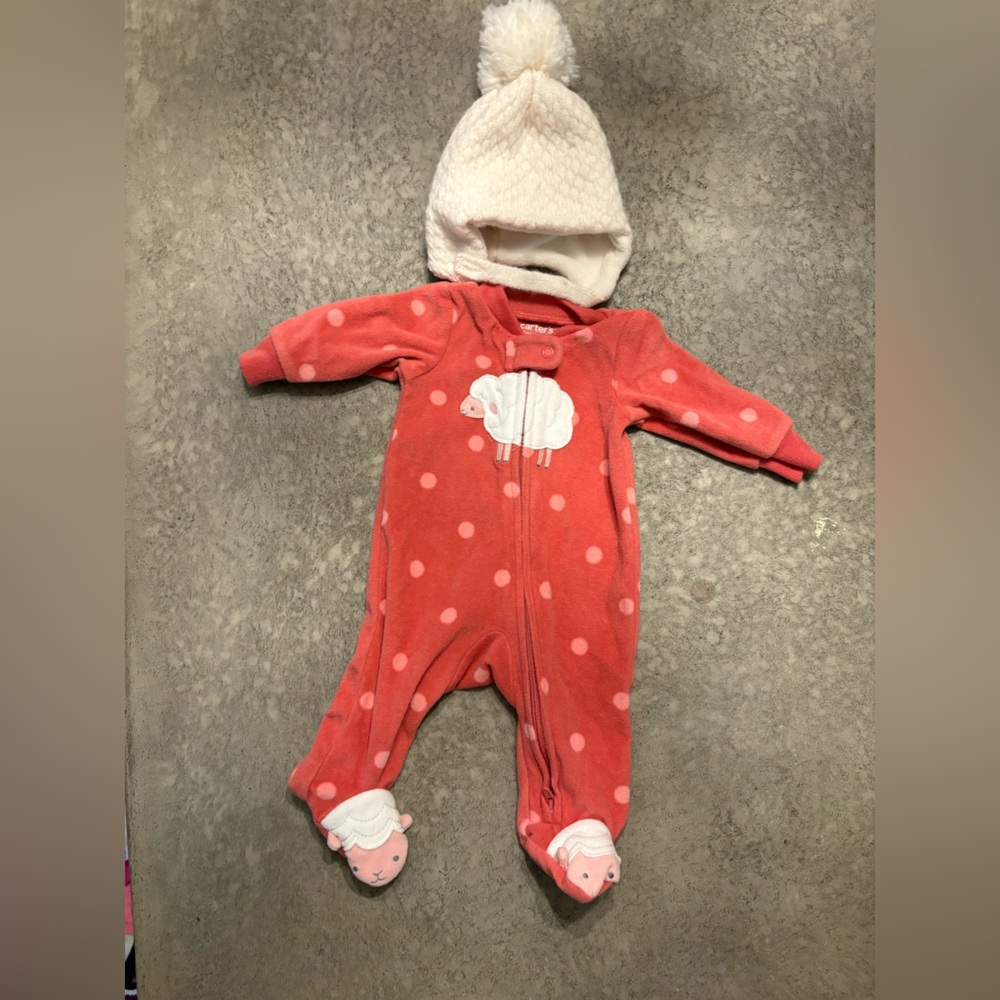 Fleece Coral Polka Dot Sheep Footie with Winter Hat
